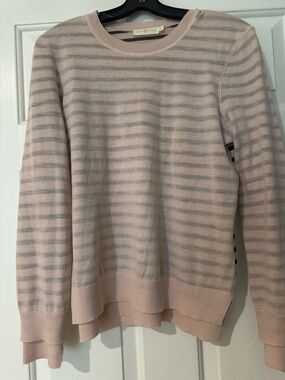 Tory Burch Pale Pink and Light Gray Striped Knit Sweater